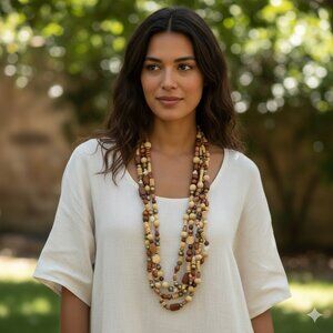 Brown/Cream Beaded Long Necklace
